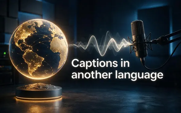 Captions in another language title card — a globe of soft light above a podcast microphone