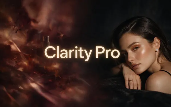 Clarity Pro title card — a campaign photograph of a perfume ad becoming richly detailed and textured from left to right