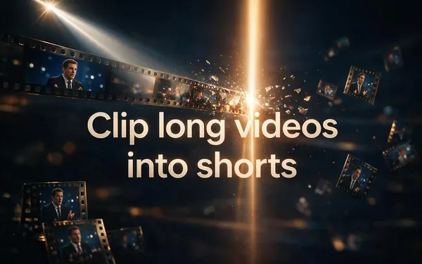 Clip long videos into shorts title card — a long film strip being cut into short vertical frames by beams of light