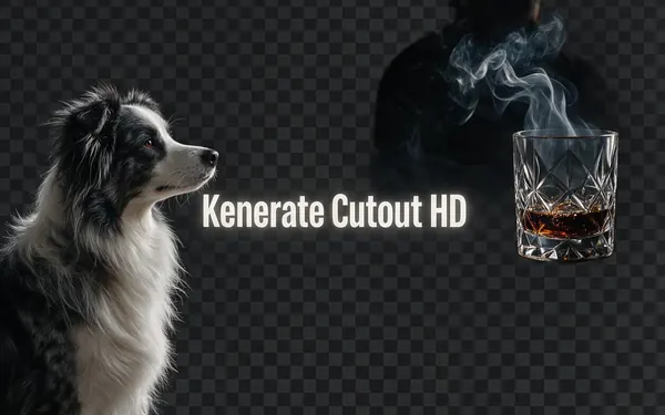 Kenerate Cutout HD title card — a fluffy dog with fine fur next to a glass with wisps of smoke