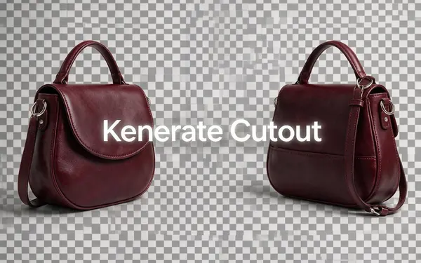 Kenerate Cutout title card — a leather handbag product photo lifted cleanly off its background onto a grey-and-white transparency checkerboard; the bag is plain and unbranded