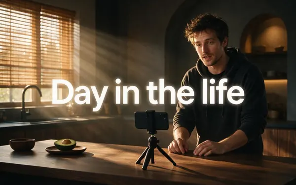 Day in the life title card — a morning kitchen with coffee and sunlight