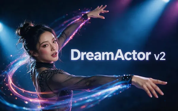 DreamActor v2 title card — a fictional adult dancer mid-move with an expressive face