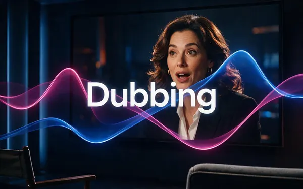 Dubbing title card — a cinema screen with a fictional adult actor speaking