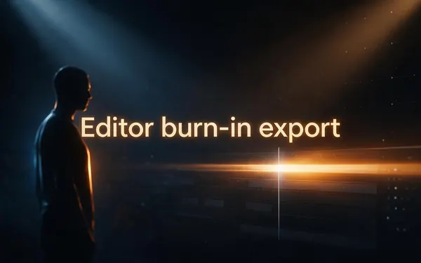 Editor burn-in export title card — a render progress glow over an empty dark editing timeline