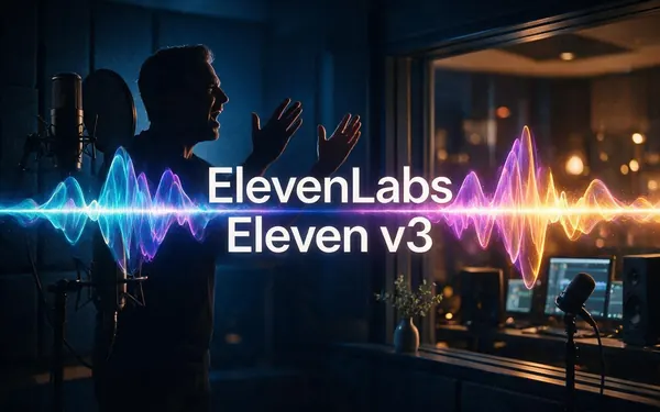 ElevenLabs Eleven v3 title card — a fictional adult voice actor's silhouette in a recording booth