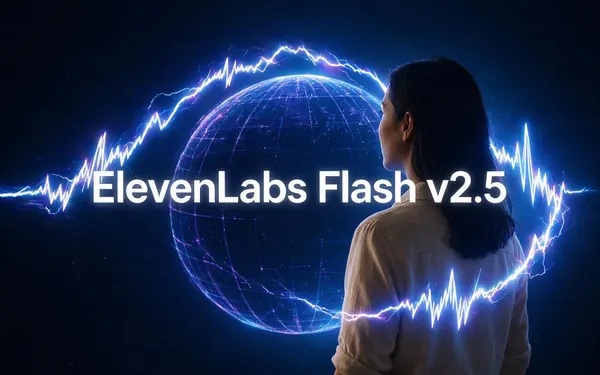 ElevenLabs Flash v2.5 title card — an ultra-fast lightning-shaped voice waveform racing around a globe of glowing lines