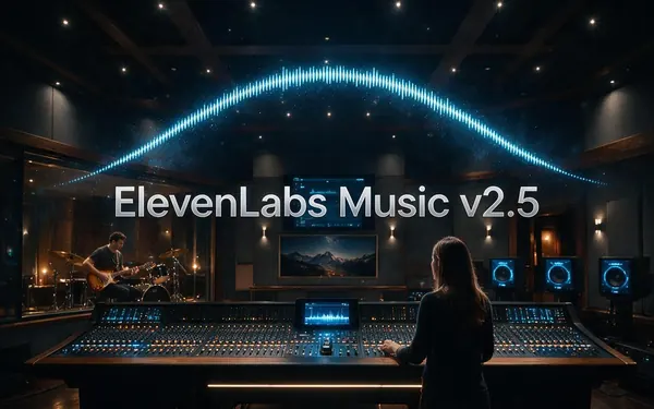 ElevenLabs Music v2.5 title card — a pristine modern recording studio at night