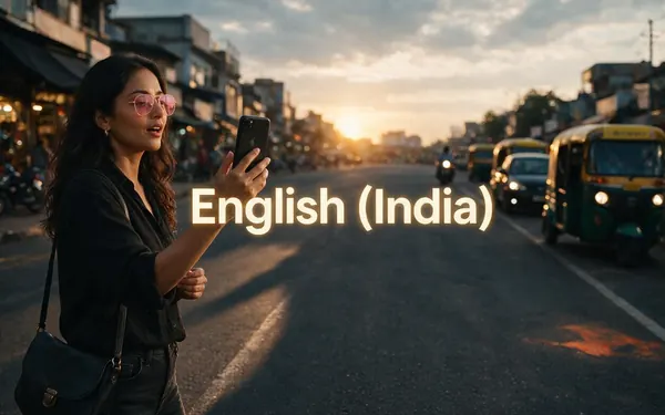 English (India) title card — a fictional adult creator talking to a phone on a lively Indian city street at golden hour