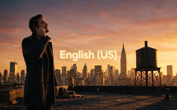 English (US) title card — a fictional adult creator talking to a phone on a rooftop with an American city skyline at sunset behind