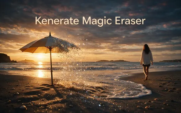 Kenerate Magic Eraser title card — a beach photo where a stray beach umbrella dissolves into sparkling particles and the sand and sea behind it are rebuilt