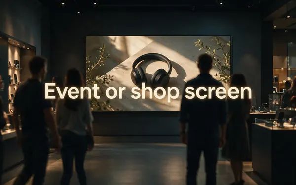 Event or shop screen title card — a large wall screen in a modern shop showing a calm product video