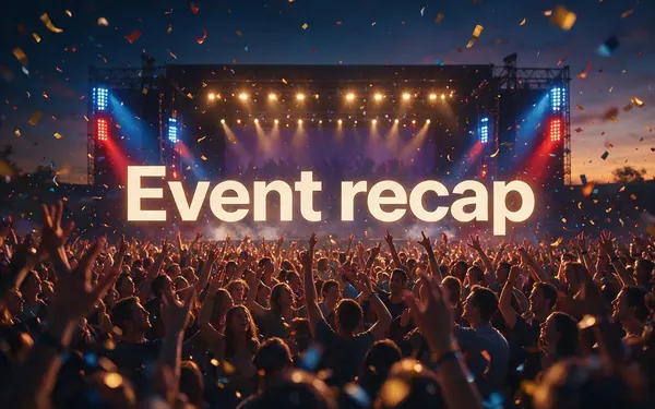 Event recap title card — confetti and stage lights over a cheering crowd of fictional adults at a summer event