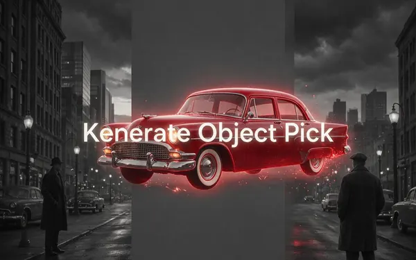 Kenerate Object Pick title card — a street scene where only a red vintage car is lifted out and glowing while the rest of the photo fades to grey