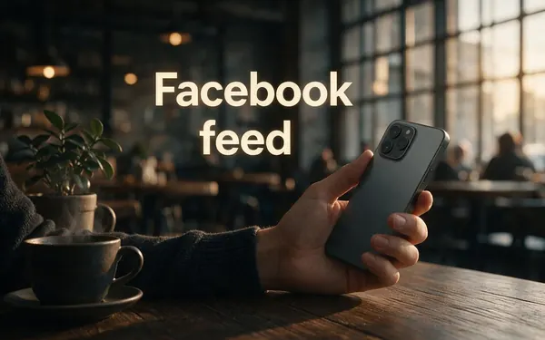 Facebook feed title card — a hand scrolling a phone at a café table with a video playing