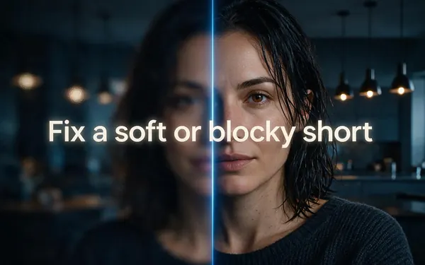 Fix a soft or blocky short title card — a blurry pixelated frame becoming sharp from left to right