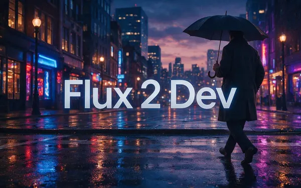 Flux 2 Dev title card — a photoreal rainy neon city street at dusk