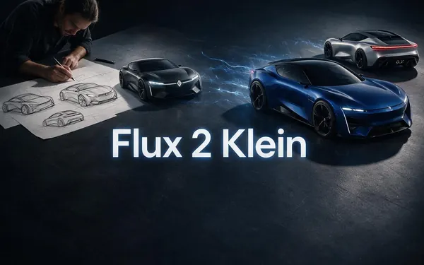 Flux 2 Klein title card — a row of quick concept sketches of a futuristic car evolving left to right into one polished glossy render