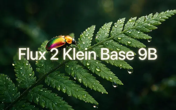 Flux 2 Klein Base 9B title card — a richly detailed macro photograph of a dew-covered fern frond with a tiny iridescent beetle