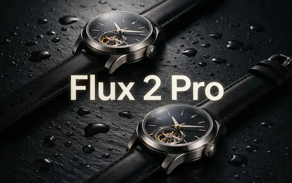 Flux 2 Pro title card — a polished professional advertising photograph of a luxury mechanical wristwatch on black slate with water droplets and a single hard key light