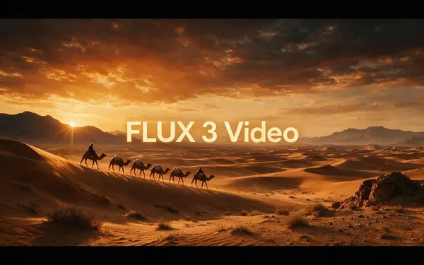 FLUX 3 Video title card — an ultra-wide cinematic letterboxed desert vista with a camel caravan at sunset