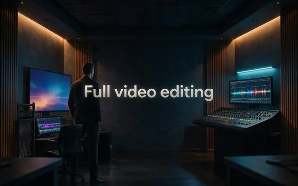 Full video editing title card — a professional editing suite with two monitors of colourful timelines and a mixing desk