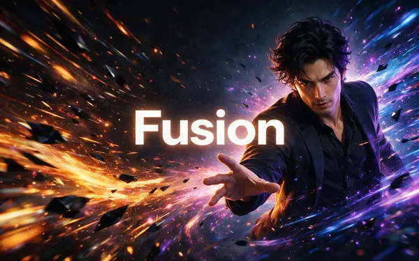 Fusion title card — energetic bursts of colour and motion streaks around a fictional adult creator mid-gesture