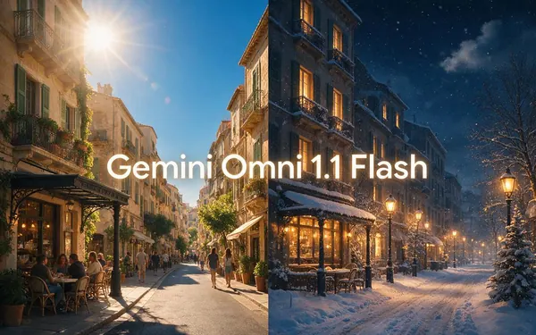 Gemini Omni 1.1 Flash title card — a film frame being edited by description