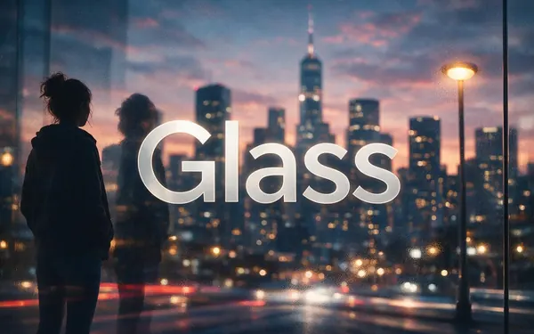 Glass title card — a frosted glass panel glowing softly in front of a blurred city at dusk