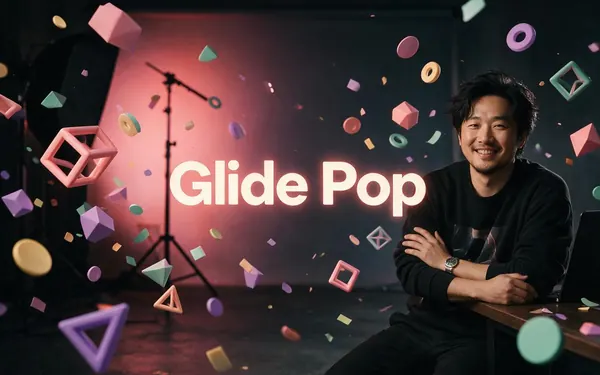 Glide Pop title card — playful bouncing pastel shapes and confetti gliding across a bright studio backdrop behind a smiling fictional adult creator