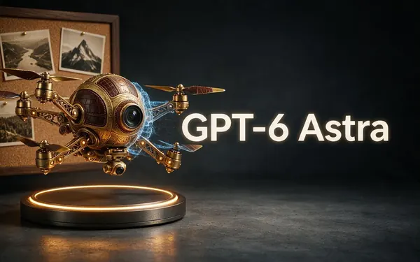 GPT-6 Astra title card — a highly detailed 3D model of an ornate brass-and-leather explorer's drone hovering above a glowing turntable in a dark studio