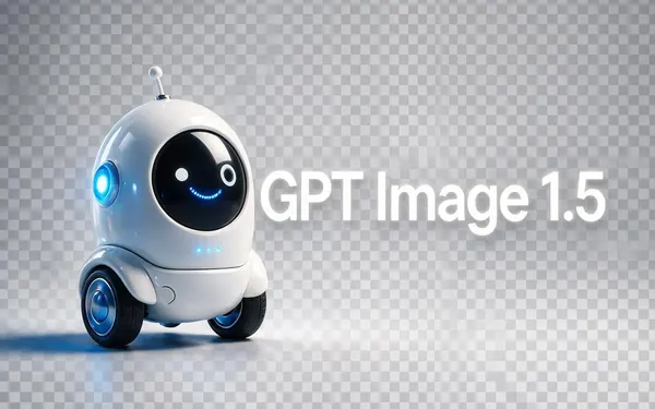 GPT Image 1.5 title card — a glossy 3D mascot robot icon floating over a grey-and-white transparency checkerboard background
