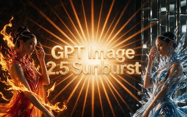 GPT Image 2.5 Sunburst title card — glowing sunburst-coloured 3D lettering on a bold magazine-cover-style layout
