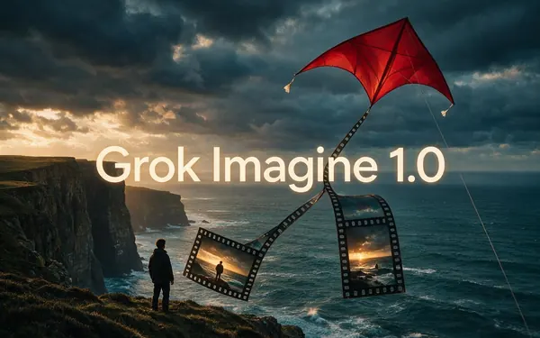 Grok Imagine 1.0 title card — a kite flying over sea cliffs