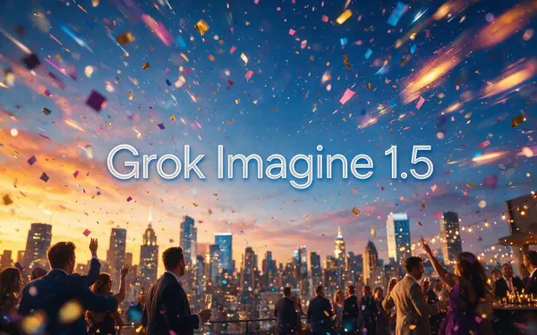 Grok Imagine 1.5 title card — a punchy social clip still of confetti exploding at a rooftop party of fictional adults