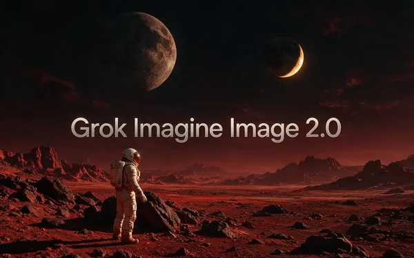 Grok Imagine Image 2.0 title card — a vivid cinematic sci-fi image of a lone astronaut standing on a crimson planet under twin moons