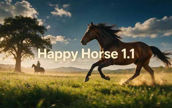 Happy Horse 1.1 title card — a cheerful everyday clip still of a horse galloping through a sunny meadow