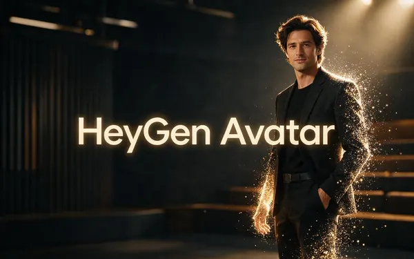 HeyGen Avatar title card — a fictional adult digital presenter forming out of light particles in a modern studio