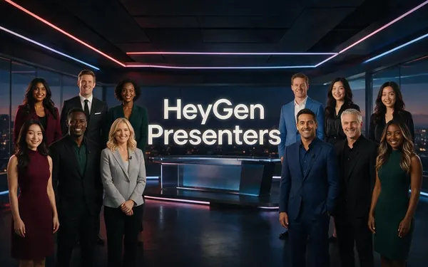 HeyGen Presenters title card — a lineup of ready-made fictional adult presenters standing in a sleek broadcast studio