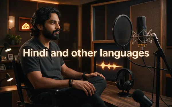 Hindi and other languages title card — a dubbing booth with a studio microphone