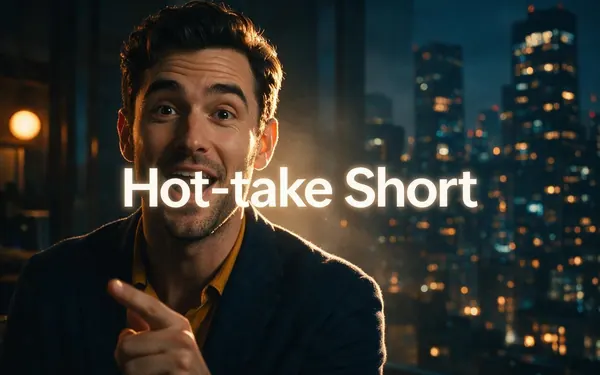 Hot-take Short title card — close-up of a fictional adult speaking to camera with an animated