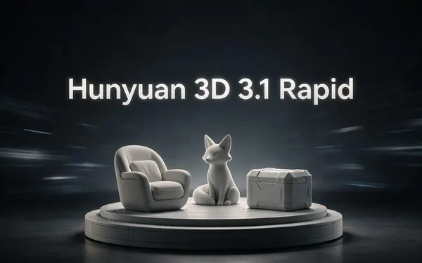 Hunyuan 3D 3.1 Rapid title card — matte grey untextured clay 3D blockout models