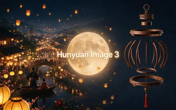 Hunyuan Image 3 title card — a richly knowledgeable illustrated tableau of a lantern festival over a traditional water town at night