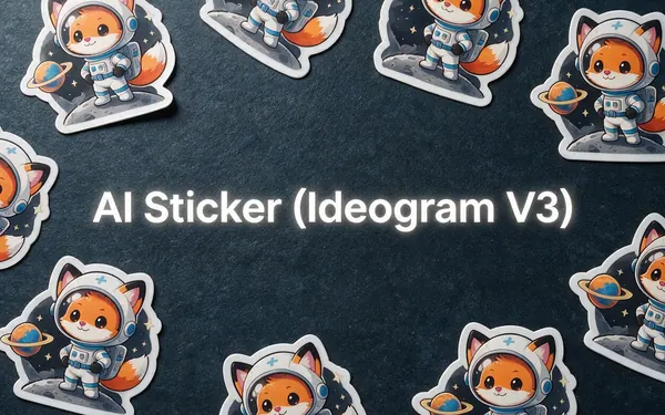 AI Sticker (Ideogram V3) title card — glossy die-cut vinyl stickers of a cute cartoon fox astronaut with thick white borders