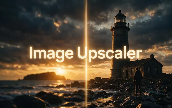 Image Upscaler title card — a blurry low-resolution photo of a lighthouse on the left becoming crystal-clear high-resolution detail on the right