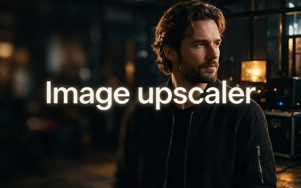 Image upscaler title card — a video thumbnail still becoming crisp and detailed from left to right