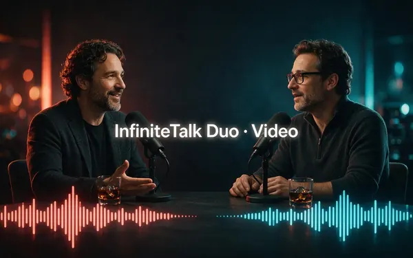 InfiniteTalk Duo · Video title card — two fictional adults in a podcast conversation at microphones