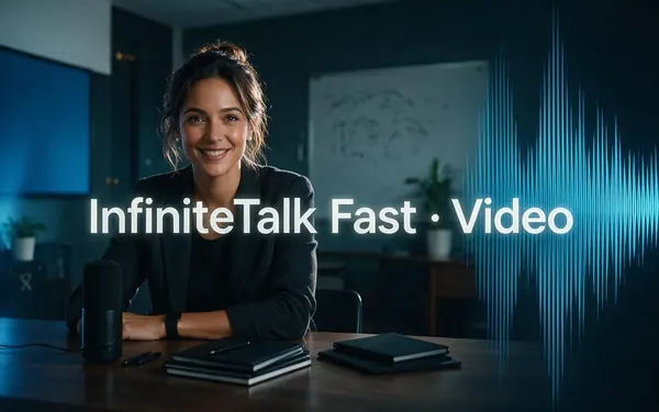 InfiniteTalk Fast · Video title card — a fictional adult teacher giving a lesson to camera in a bright classroom