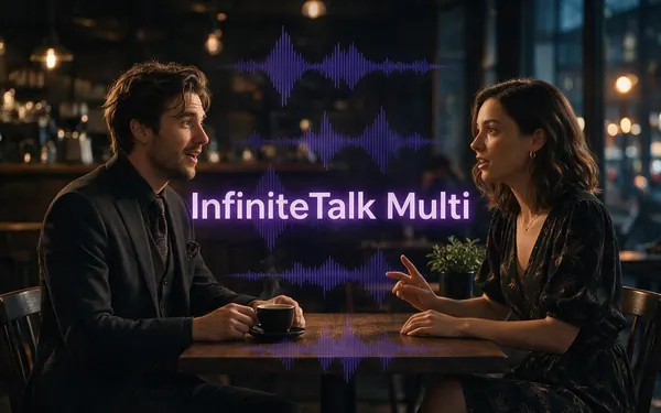 InfiniteTalk Multi title card — two fictional adults talking across a café table