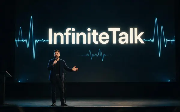 InfiniteTalk title card — a fictional adult speaker giving a long keynote on a dark stage